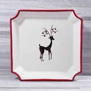 Christmas Holiday Reindeer 7" x 7" Stoneware Square Plate Beige Red